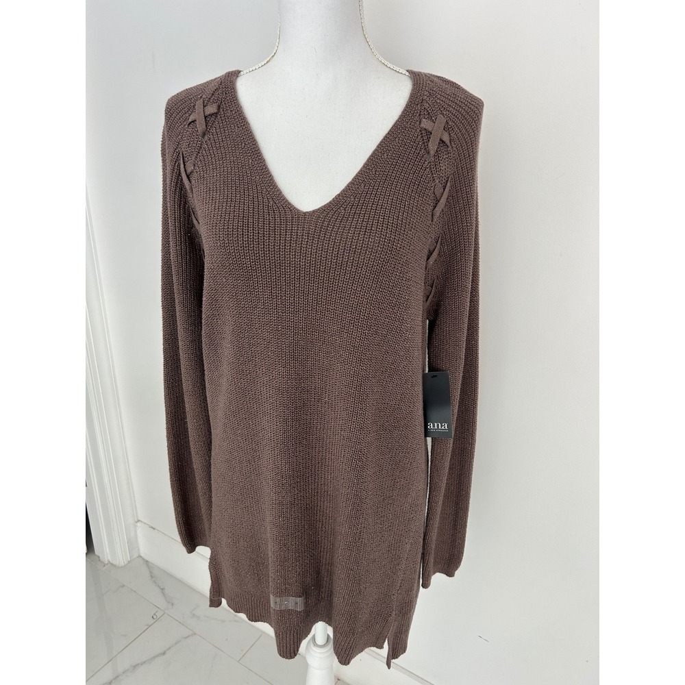 a.n.a NWT Womens Iron Grey Metallic V-Neck Lace Up Shoulder Tunic Sweater‎ Large